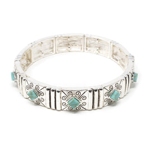Stretch Bracelet Silver Tone Turquoise Diamond - Mimmic Fashion Jewelry