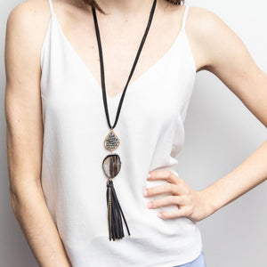 Suede Long Necklace With Semi Precious Stone and Tassel Black - Mimmic Fashion Jewelry