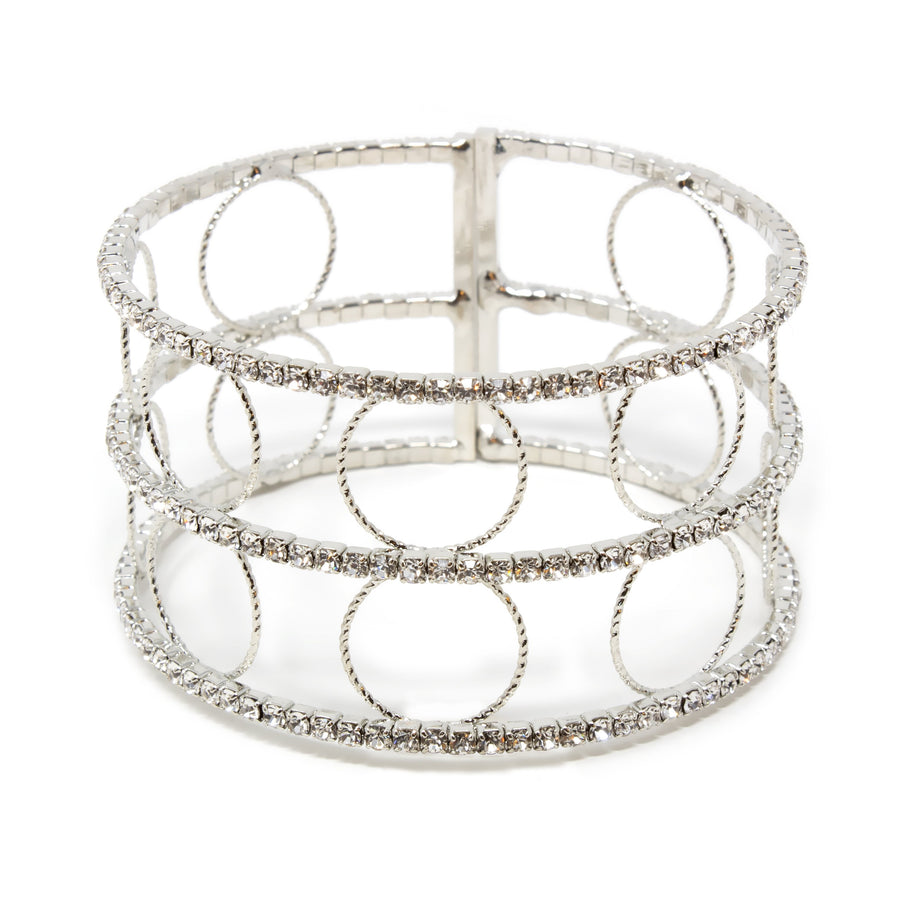 Three Row Crystal With Open Circle Cuff Bangle Silver Tone - Mimmic Fashion Jewelry