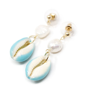 Turquoise Cowry Pearl Drop Earrings Gold Tone - Mimmic Fashion Jewelry