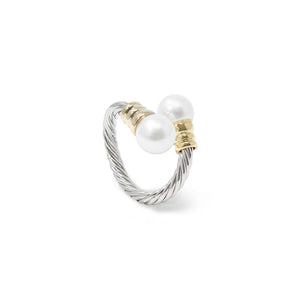 Two Tone Adjustable Cable Ring Pearl - Mimmic Fashion Jewelry