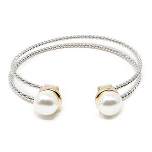 Two Tone Cable Bangle Bracelet Pearl Ends - Mimmic Fashion Jewelry