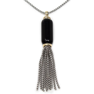 Two Tone GemStone Chain Tassel Pendant Necklace Black - Mimmic Fashion Jewelry
