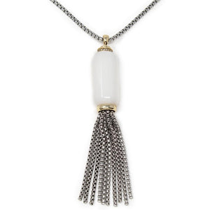 Two Tone GemStone Chain Tassel Pendant Necklace White - Mimmic Fashion Jewelry