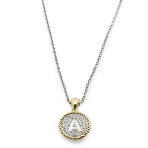 2Tone Necklace Round Pave Initial - A - Mimmic Fashion Jewelry