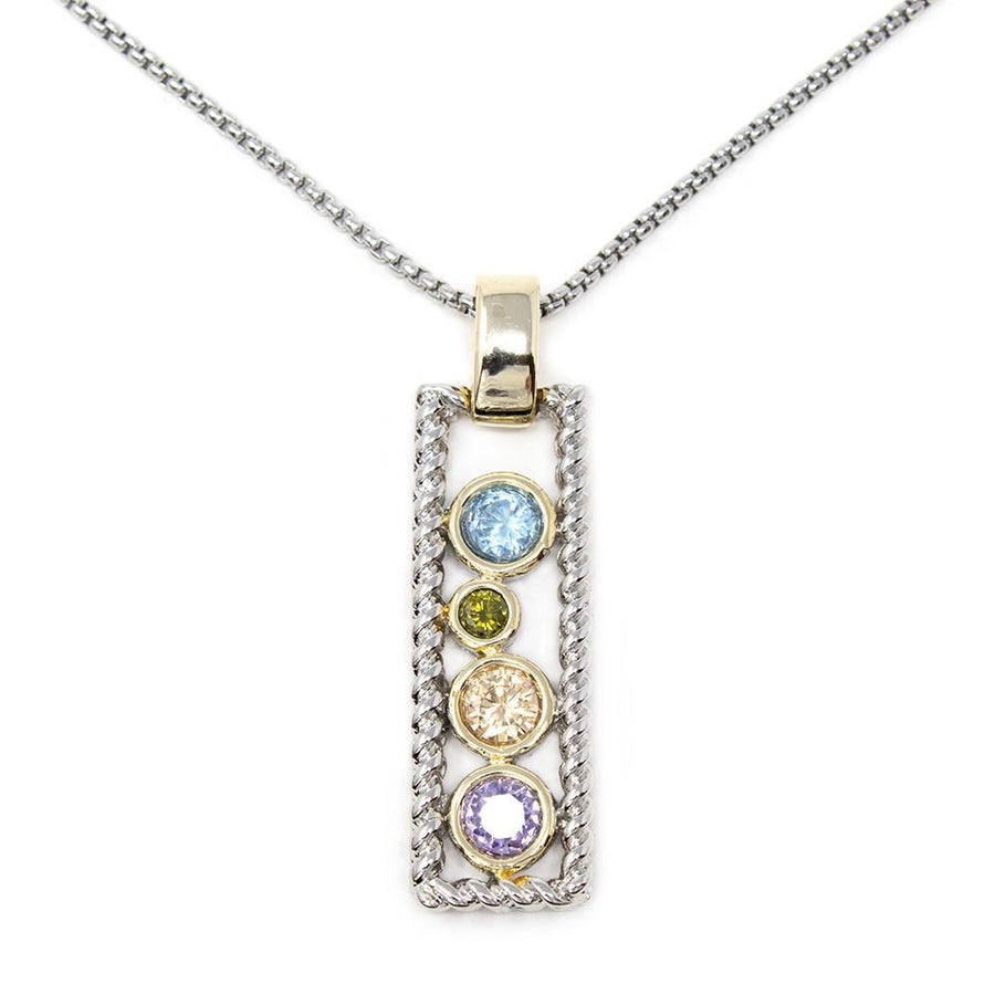 Two Tone Necklace with Multicolor CZ Square Pendant - Mimmic Fashion Jewelry