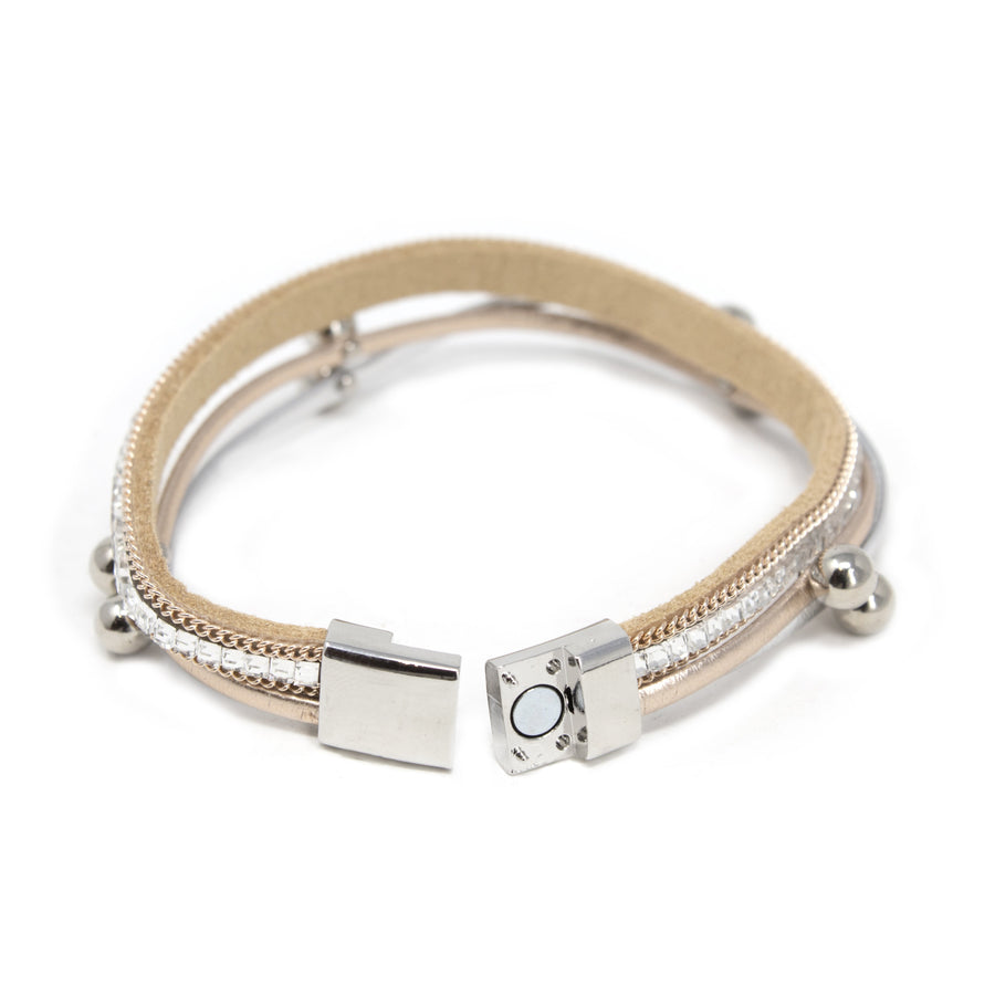3Row Glass and Bead Leather Bracelet Two Tone - Mimmic Fashion Jewelry