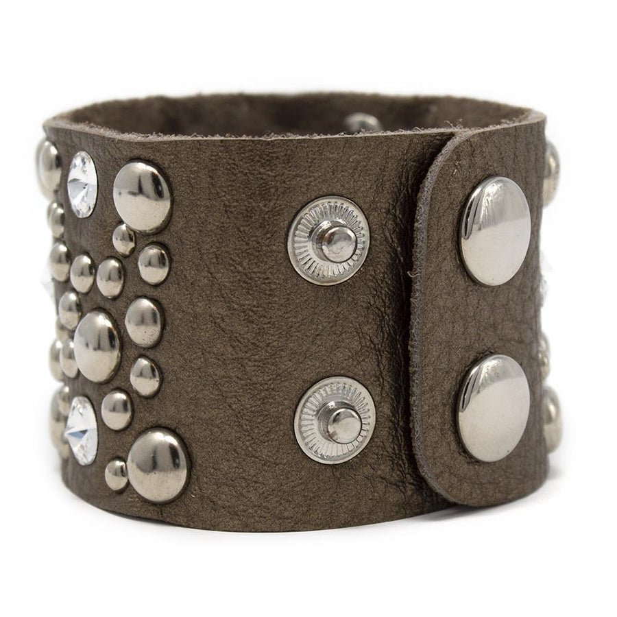 Wide Leather Bracelet Cubic Zirconia and Rivets Moss Green - Mimmic Fashion Jewelry