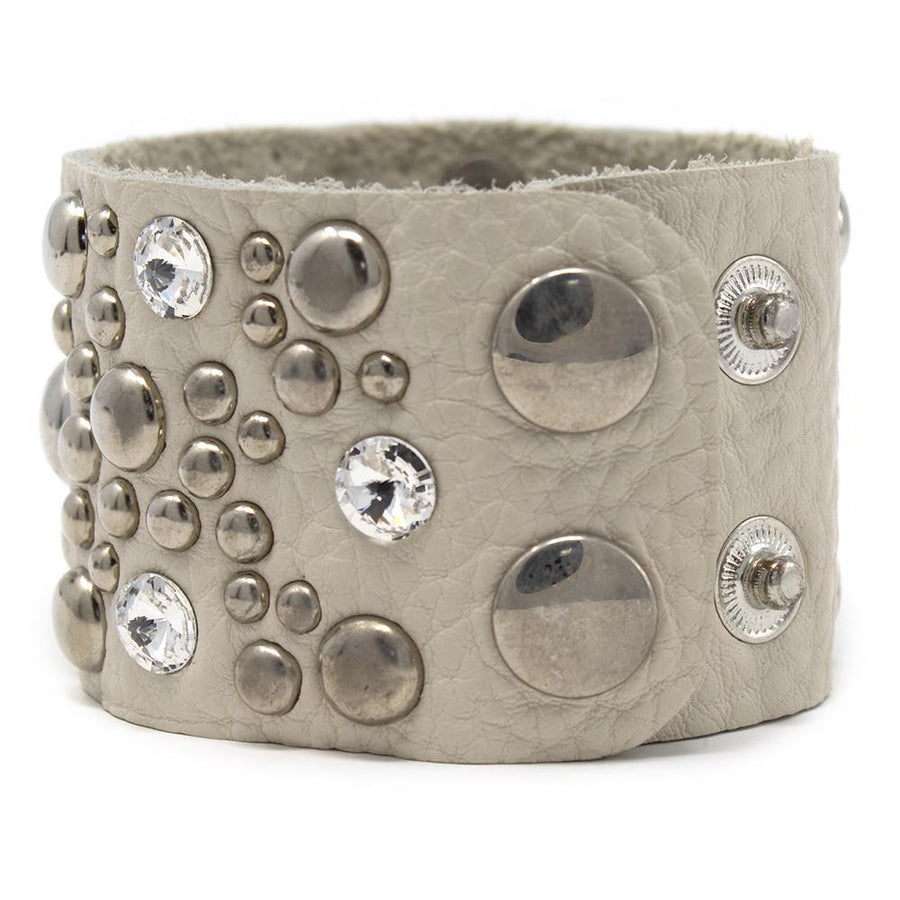 Wide Leather Bracelet Cubic Zirconia and Rivets White - Mimmic Fashion Jewelry