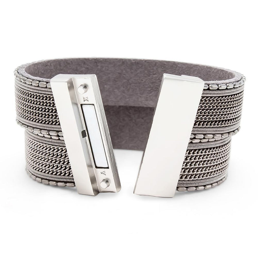 Wide Leather Bracelet with Bar Chain Grey - Mimmic Fashion Jewelry