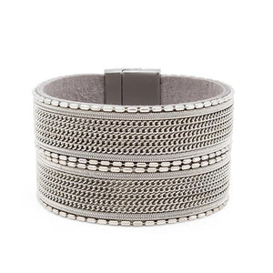 Wide Leather Bracelet With Bar Chain Rhodium - Mimmic Fashion Jewelry