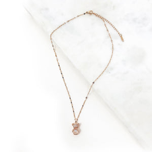 Stainless Steel CZ Pave Teddy Bear Pendant Necklace Rose Gold Plated