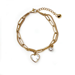 Stainless Steel MOP Heart Charm Paperclip Bracelet Gold Plated