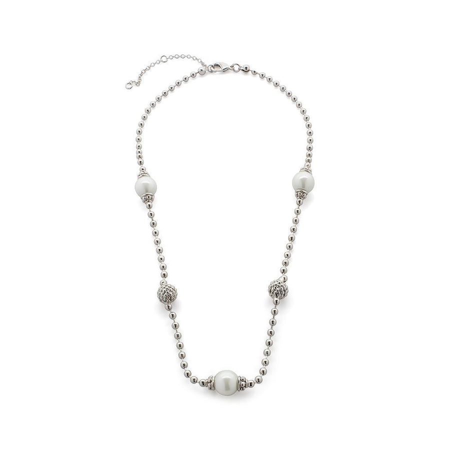 16'' Pearl Stations Ball Chain Necklace Rhodium - Mimmic Fashion Jewelry