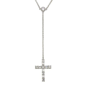 16" RhodiumPl. CZ Cross Chain Drop Necklace - Mimmic Fashion Jewelry
