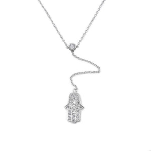 16" RhodiumPl. CZ H-Hand Chain Drop Necklace RhodiumPl. - Mimmic Fashion Jewelry