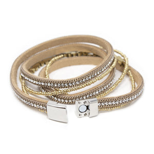 2 Row Suede Wrap Bracelet W CZ and Heart Beads Gold T - Mimmic Fashion Jewelry