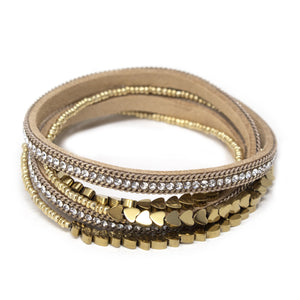 2 Row Suede Wrap Bracelet W CZ and Heart Beads Gold T - Mimmic Fashion Jewelry