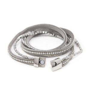 2 Row Suede Wrap Bracelet W CZ and Heart Beads Silver T - Mimmic Fashion Jewelry