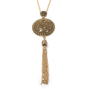 27 Inch Necklace Medallion Tassel Gold Tone - Mimmic Fashion Jewelry