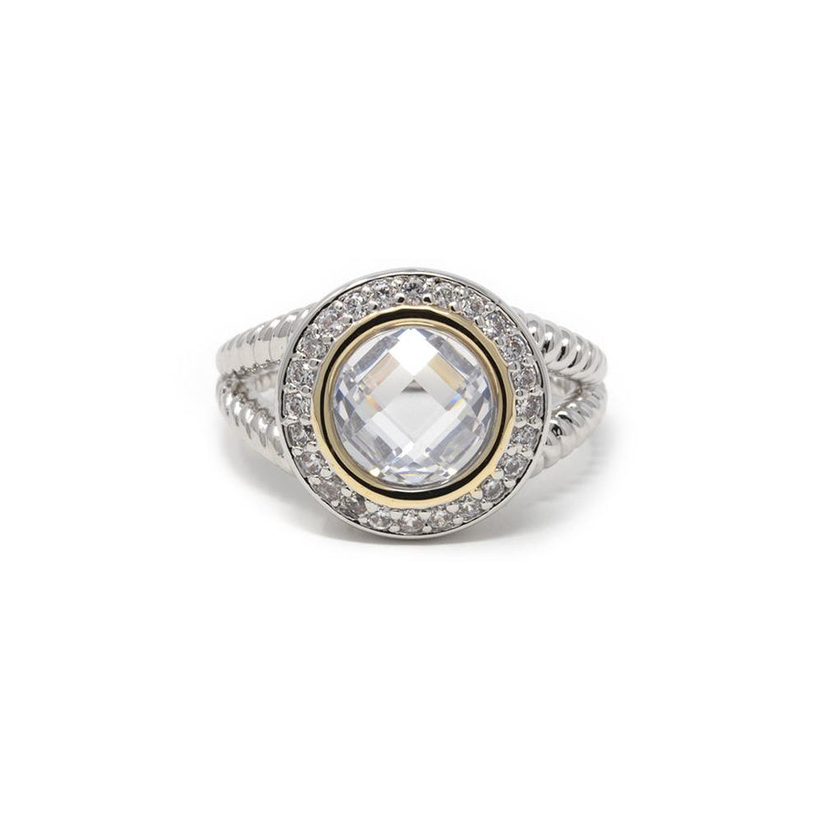 2Tone Round Faceted CZ Ring Clear - Mimmic Fashion Jewelry