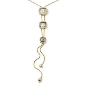 36 Inch Lariat Necklace with Three Soft Square Crystal Gold Tone - Mimmic Fashion Jewelry