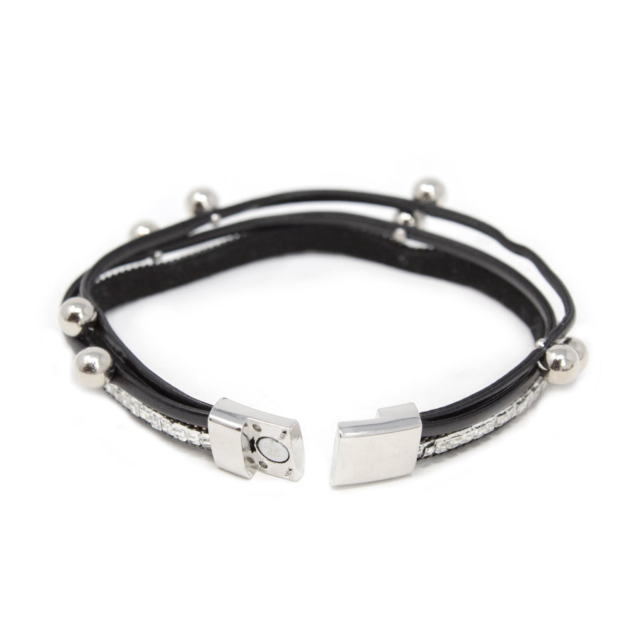 3Row Glass and Bead Leather Bracelet Black - Mimmic Fashion Jewelry
