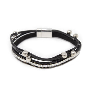 3Row Glass and Bead Leather Bracelet Black - Mimmic Fashion Jewelry