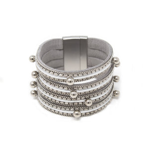 4Row Chain and Bead Suede Bracelet Silver T - Mimmic Fashion Jewelry