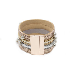 4Row Chain and Bead Suede Bracelet Three Tone - Mimmic Fashion Jewelry
