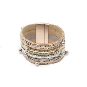 4Row Chain and Bead Suede Bracelet Three Tone - Mimmic Fashion Jewelry