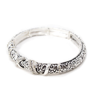 Antique Silver Filigree Stretch Bracelet Crystal Station - Mimmic Fashion Jewelry