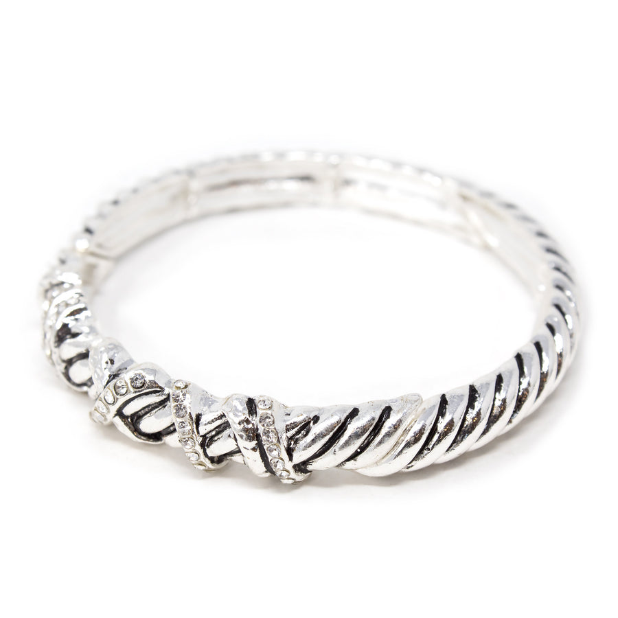 Antique Silver Striped Stretch Bracelet Crystal Station - Mimmic Fashion Jewelry