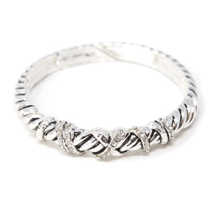 Antique Silver Striped Stretch Bracelet Crystal Station - Mimmic Fashion Jewelry