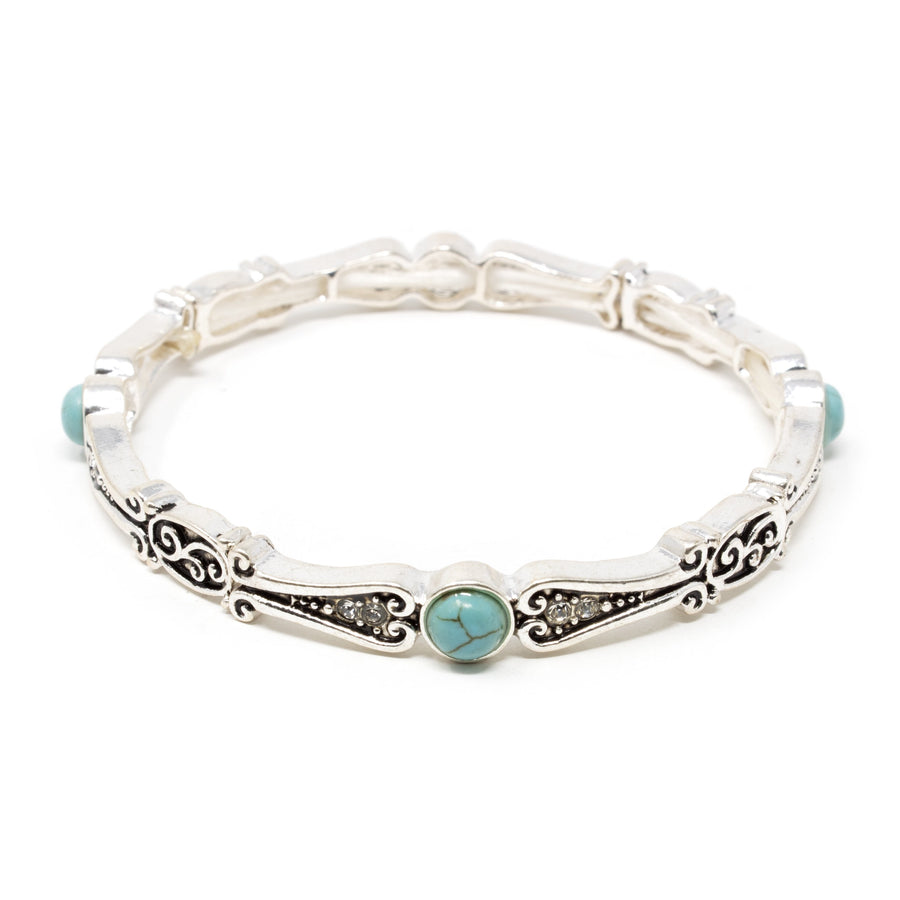 Antique Silver Tone Stretch Bracelet With Four Turquoise Stones - Mimmic Fashion Jewelry