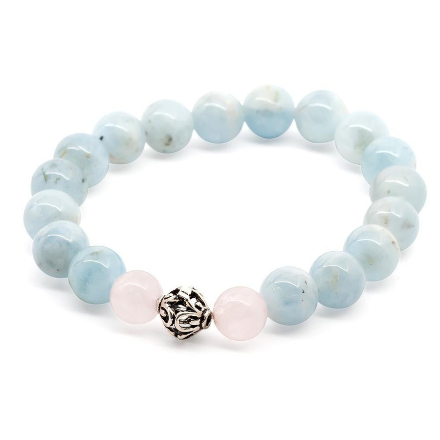 Aquamarine/Rose Quartz Stretch Bracelet with 925 Sterling Silver Bead - Mimmic Fashion Jewelry