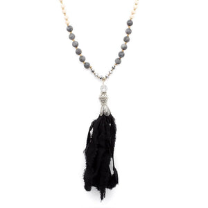 Beaded Neck w Fabric Tassel Wood Black - Mimmic Fashion Jewelry