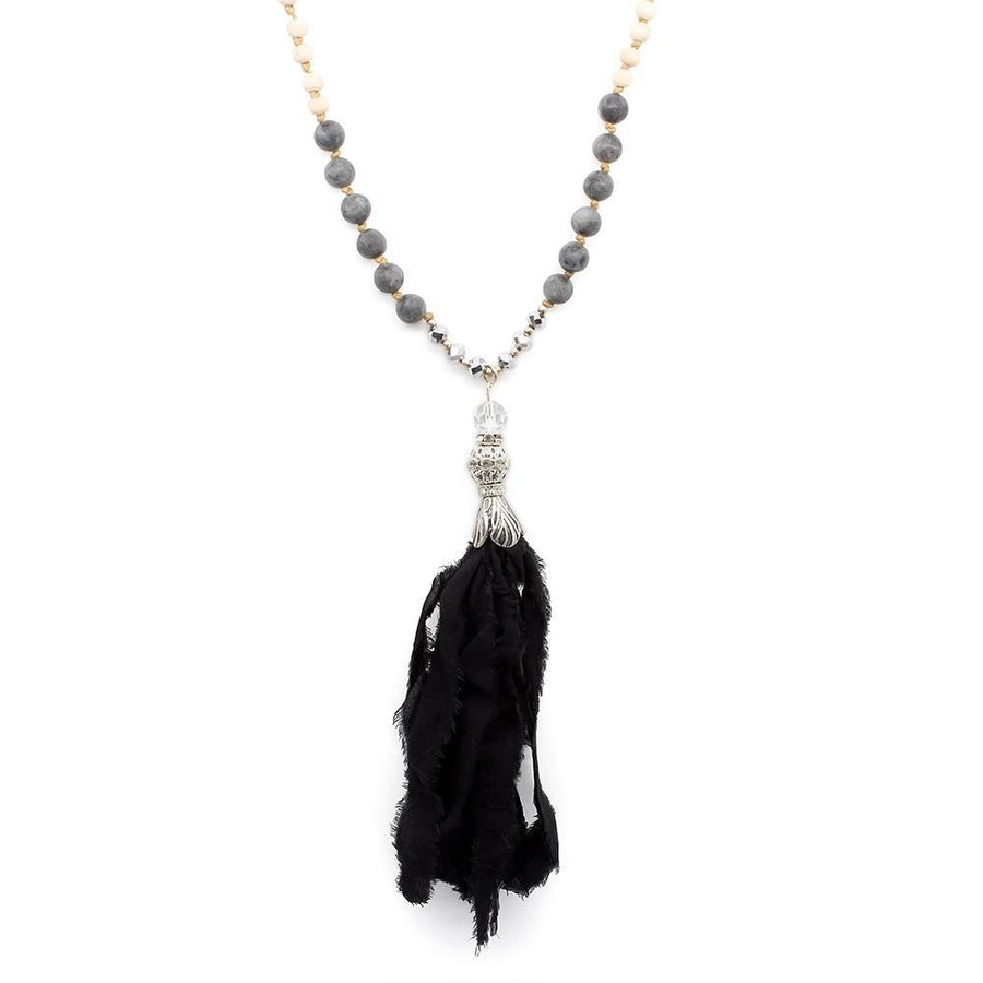 Beaded Neck w Fabric Tassel Wood Black - Mimmic Fashion Jewelry