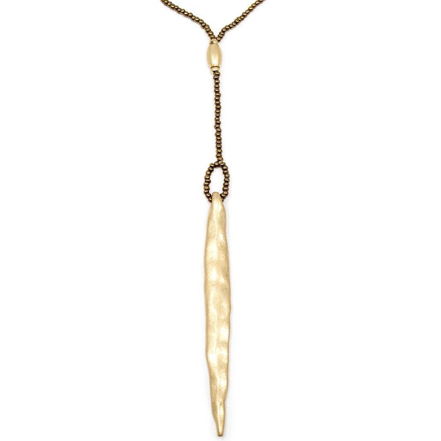 Beaded Necklace with Long Spike Pendant Gold Tone - Mimmic Fashion Jewelry