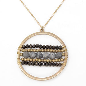 Beaded Open Circle Long Necklace Gold Black - Mimmic Fashion Jewelry