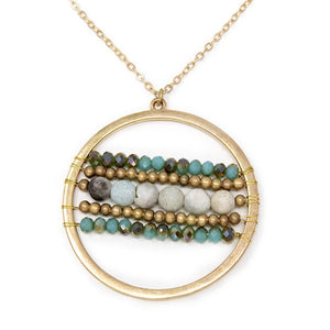 Beaded Open Circle Long Necklace Gold Green - Mimmic Fashion Jewelry