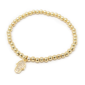 Beaded Stretch Pave Hamsa Hand Bracelet Gold T - Mimmic Fashion Jewelry