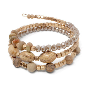 Beige Glass Bead Wrap Bracelet Oval Stone GoldT - Mimmic Fashion Jewelry