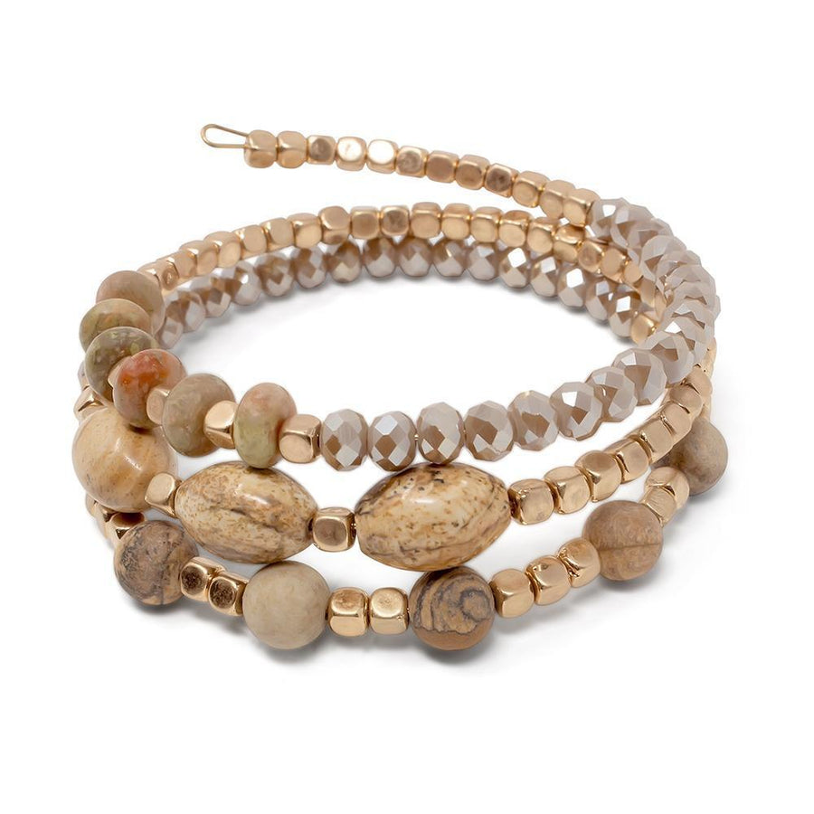 Beige Glass Bead Wrap Bracelet Oval Stone GoldT - Mimmic Fashion Jewelry