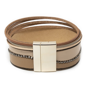 Beige Leather Bracelet Crystal Wave Design - Mimmic Fashion Jewelry