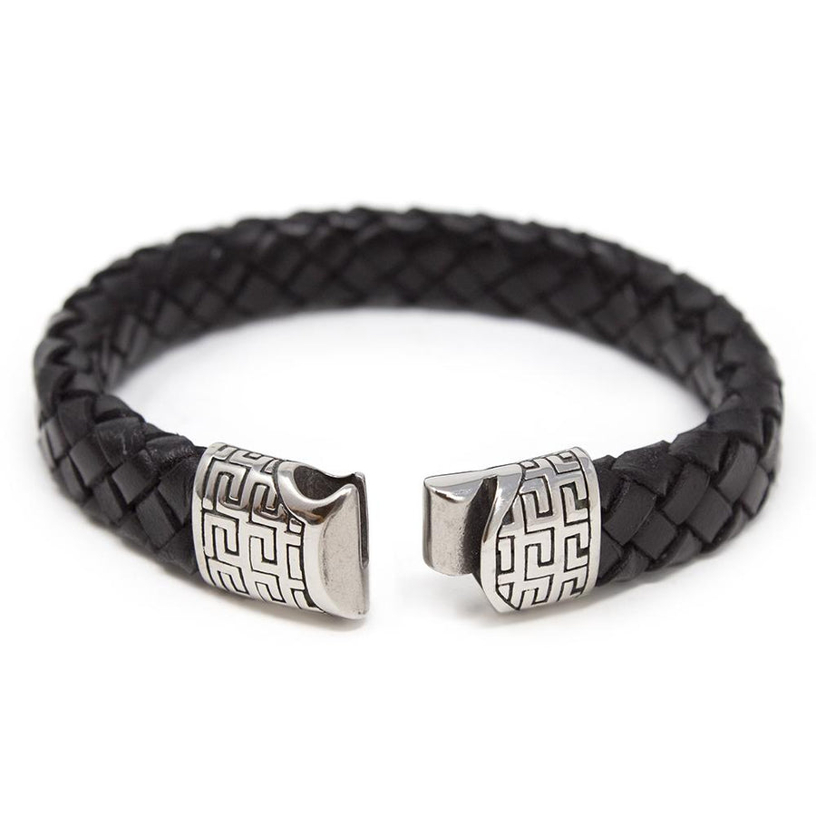 Black Braided Leather Bracelet W Greek Clasp Silver T - Mimmic Fashion Jewelry