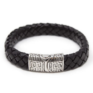 Black Braided Leather Bracelet W Greek Clasp Silver T - Mimmic Fashion Jewelry