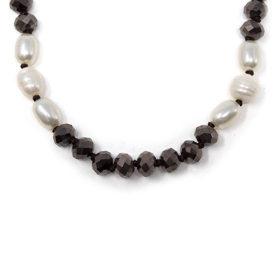 Black Faceted Glass Bead Long Necklace with Pearls Station - Mimmic Fashion Jewelry