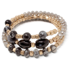 Black Glass Bead Wrap Bracelet W Oval Stone GoldT - Mimmic Fashion Jewelry
