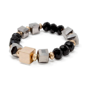 Black Glass Beaded Stretch Bracelet with Gold Tone Cube - Mimmic Fashion Jewelry